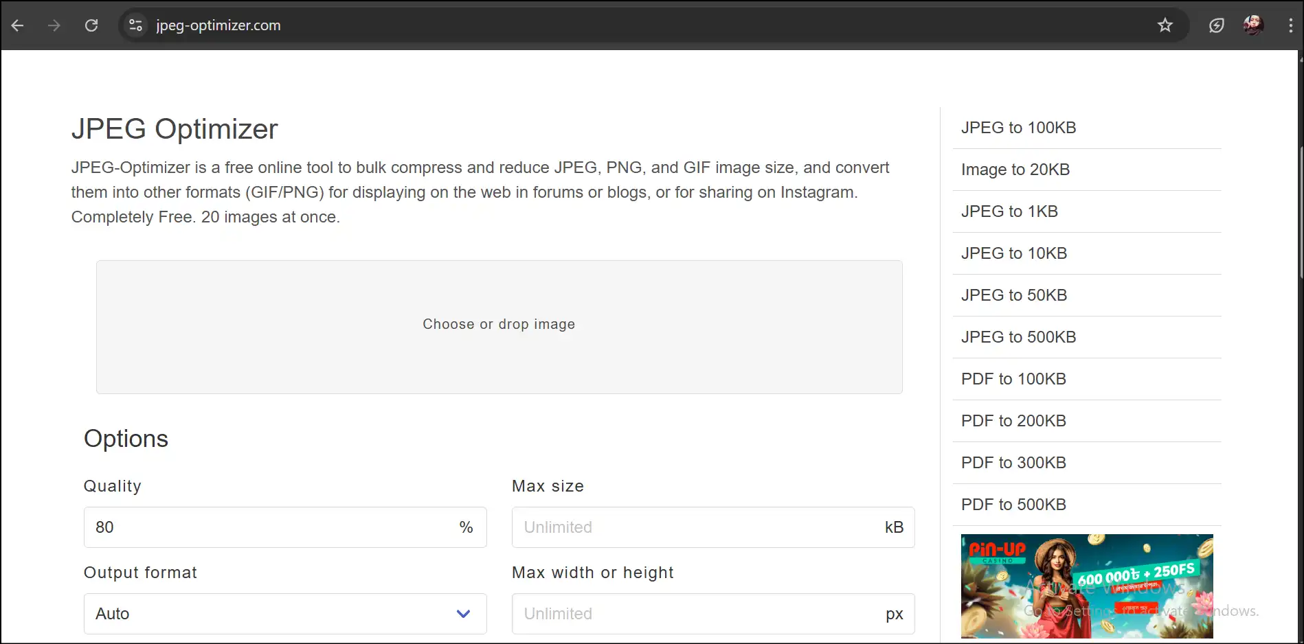 JPEG Optimizer interface
