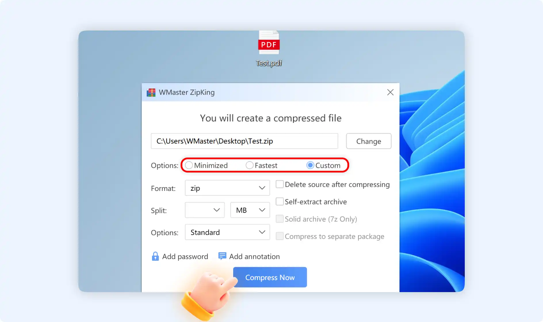 create a compressed archive and customize your compression options
