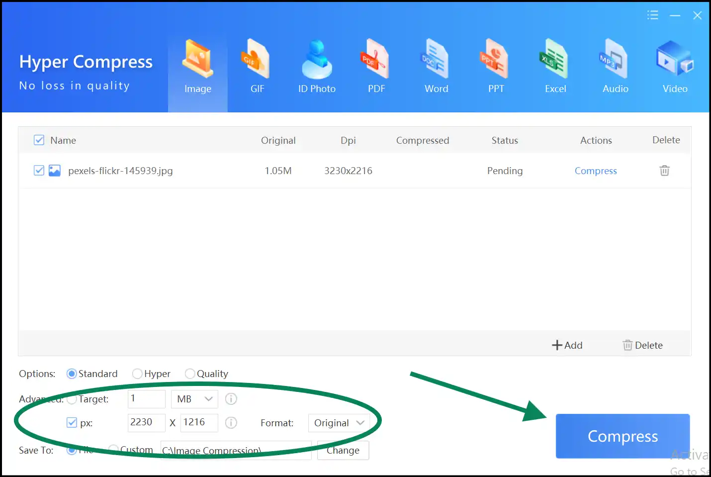 Select custom dimensions to change photo ratio on Windows with Zipking
