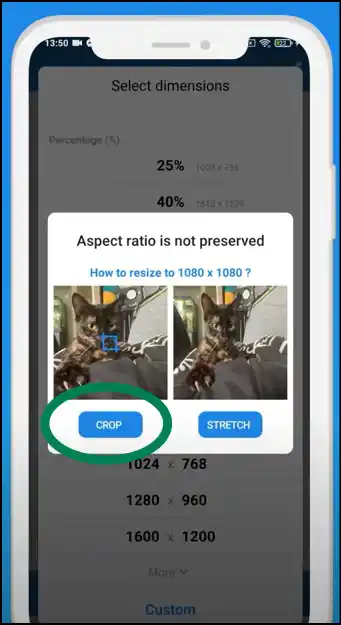 Select crop to change photo aspect ratio with distortion on Android