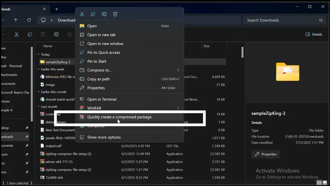 Right-click to compress folder to zip on Windows with Zipking