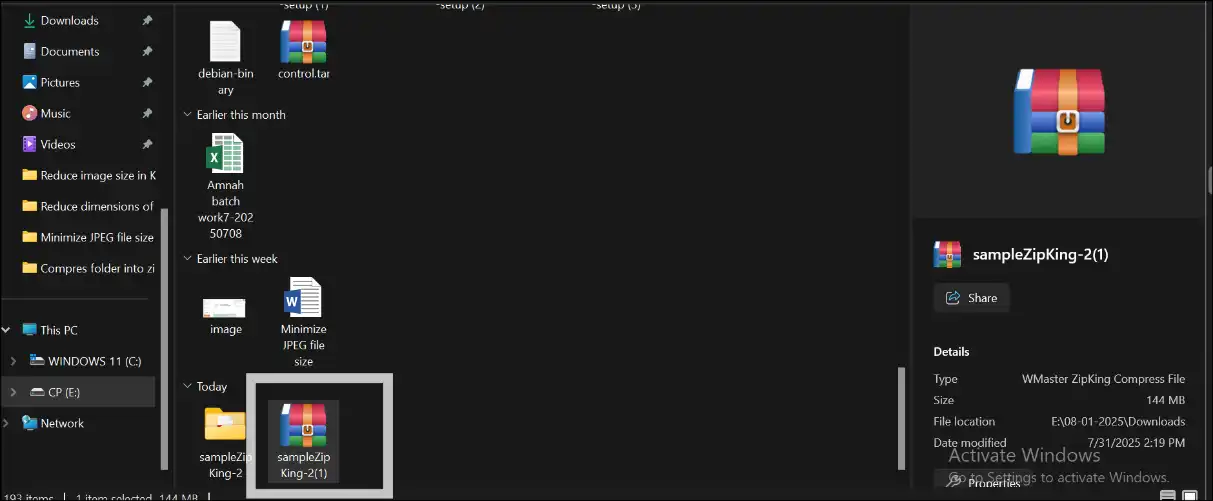 Access compressed zip folder on Windows with Zipking