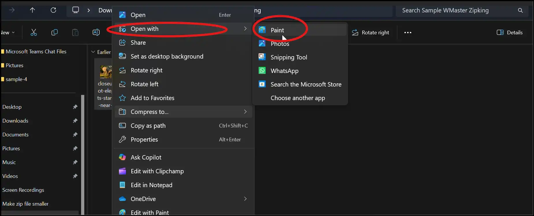 Right-click image file to compress it with Paint