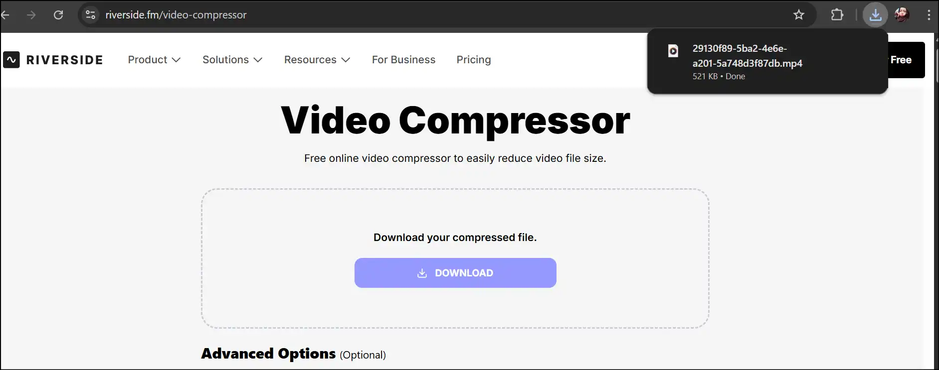 Upload video to download compressed video file with Riverside