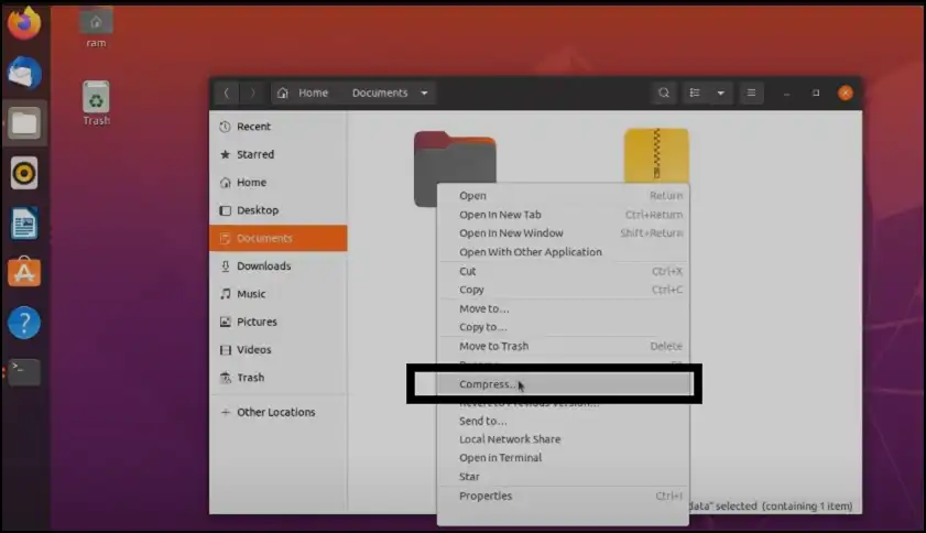 Right-click on folder to compress folder into ZIP file on Linux