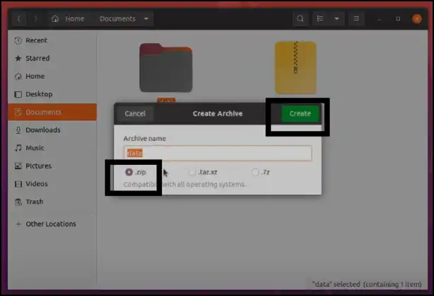 Select archive format to compress folders into zip file