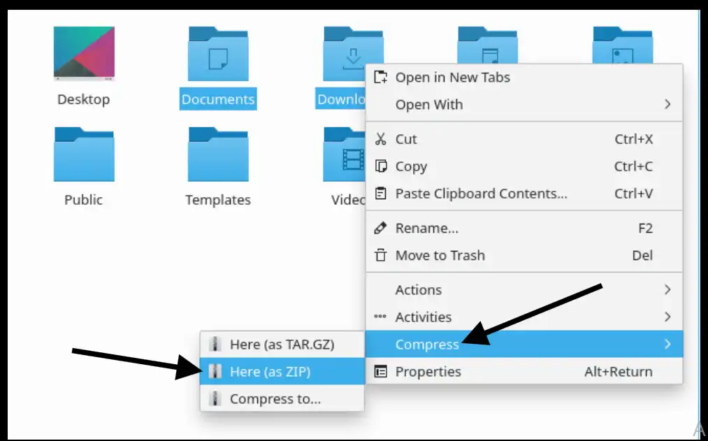 Righ-click on the folder to compress into zip on Linux using Dolphin - File Manager