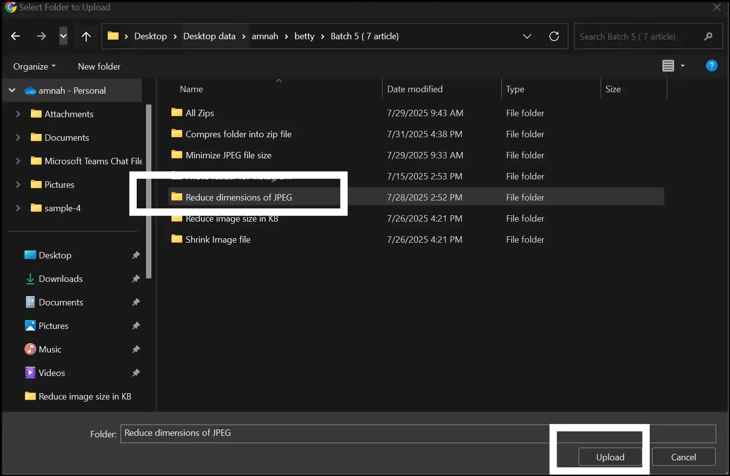 Select folder and upload it to compress folder into zip