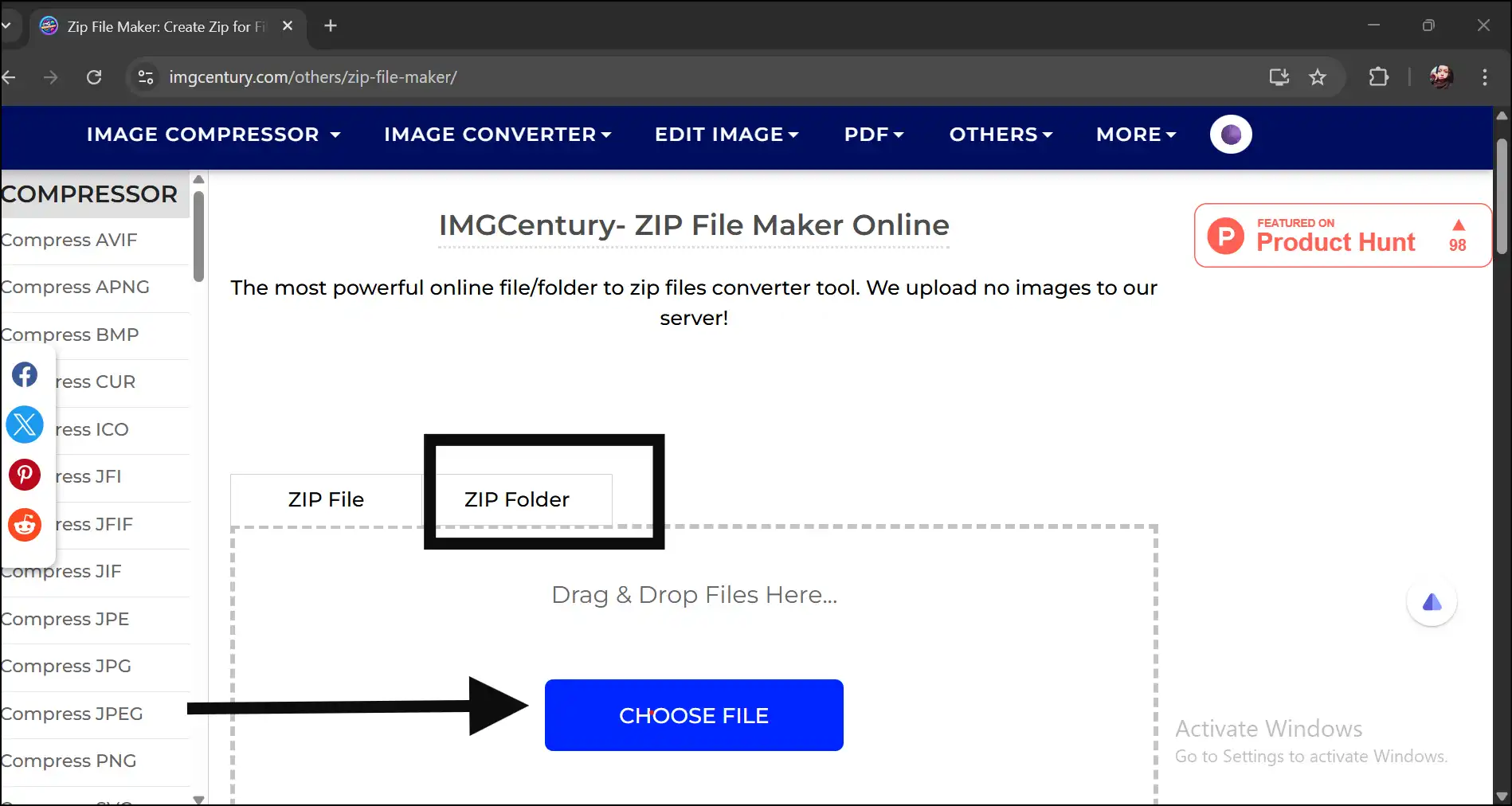 Select folder option to upload desired folder to compress it online