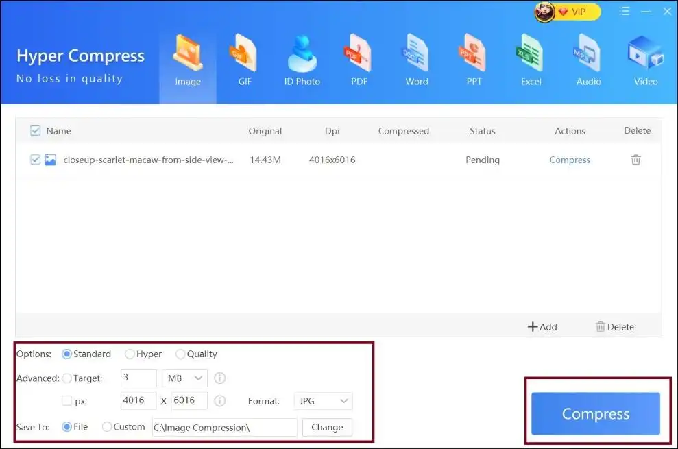 Custom select your target compression level and tap on Compress