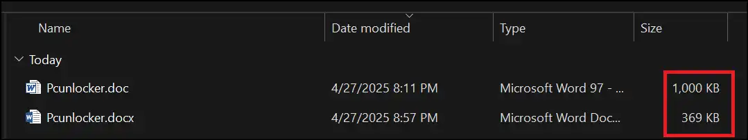 Compare the .doc and .docx file size