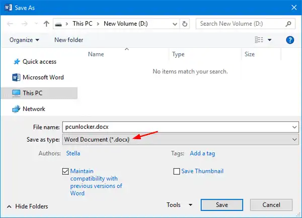 Select .docx format from dropdown menu of Save as type