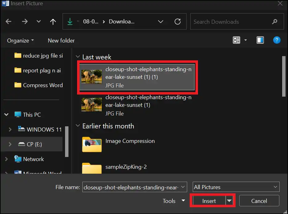 Select image and tap on Insert to add image to the Word file