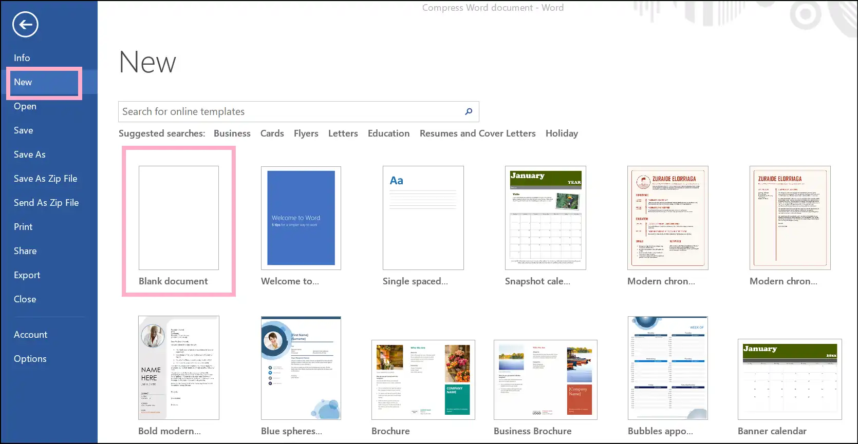 Create a new Word file by clicking New and tapping Blank document
