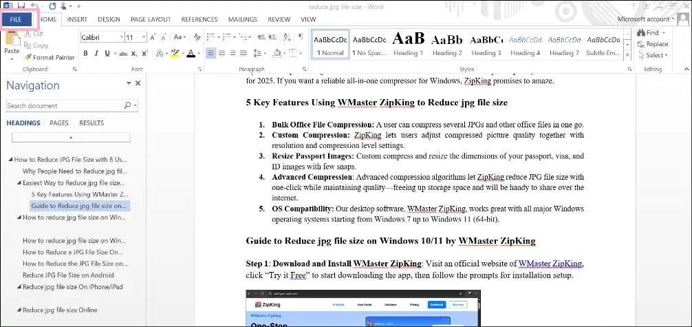 Open Word file and tap File to create a new file
