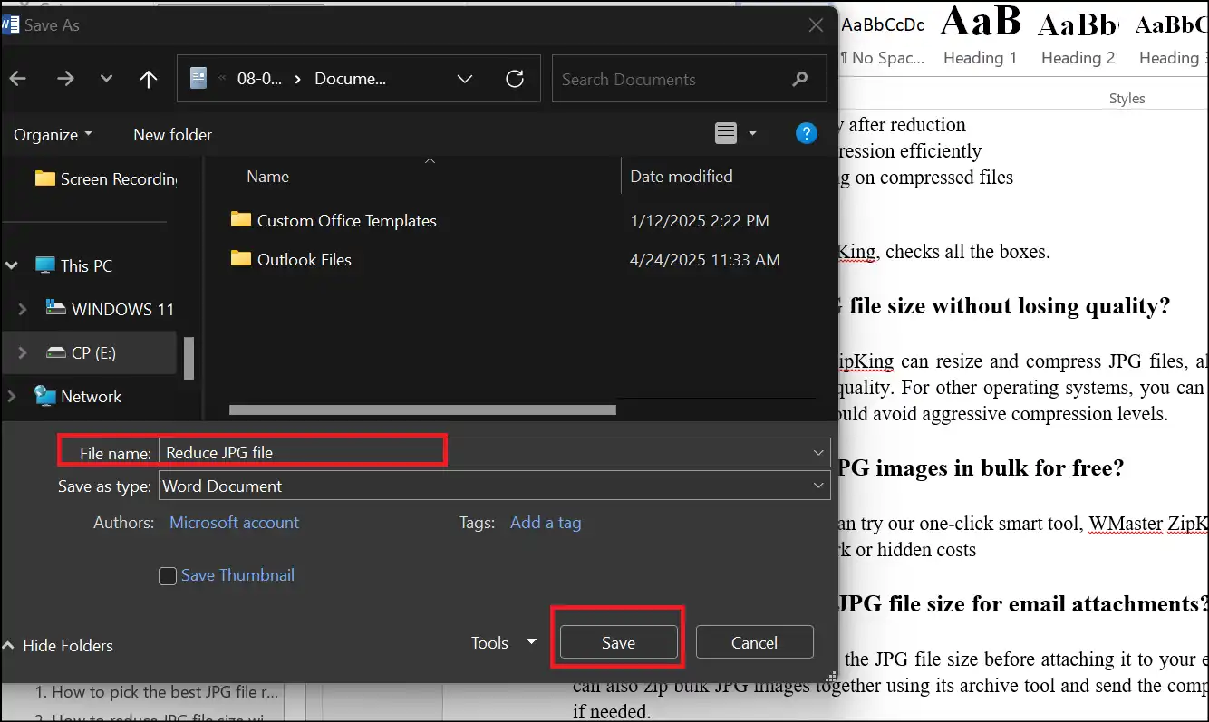 Suggest file name and save the fresh Word file with smaller size