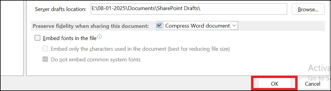 Click OK to save the settings to reduce Word file size