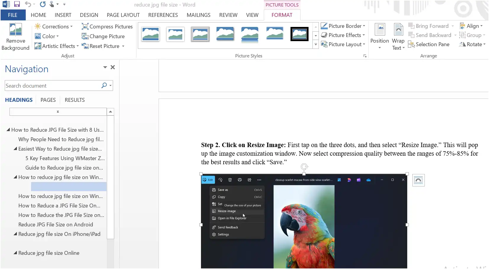 Click OK to save the settings to reduce Word file size