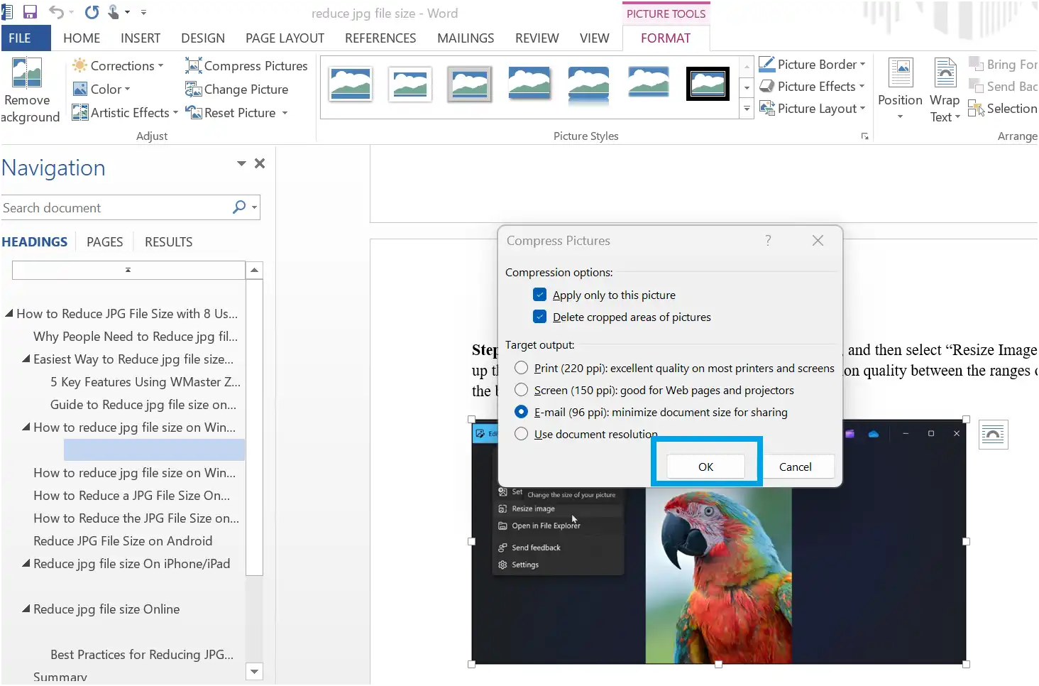 Click OK to save the changes for smaller Word file size