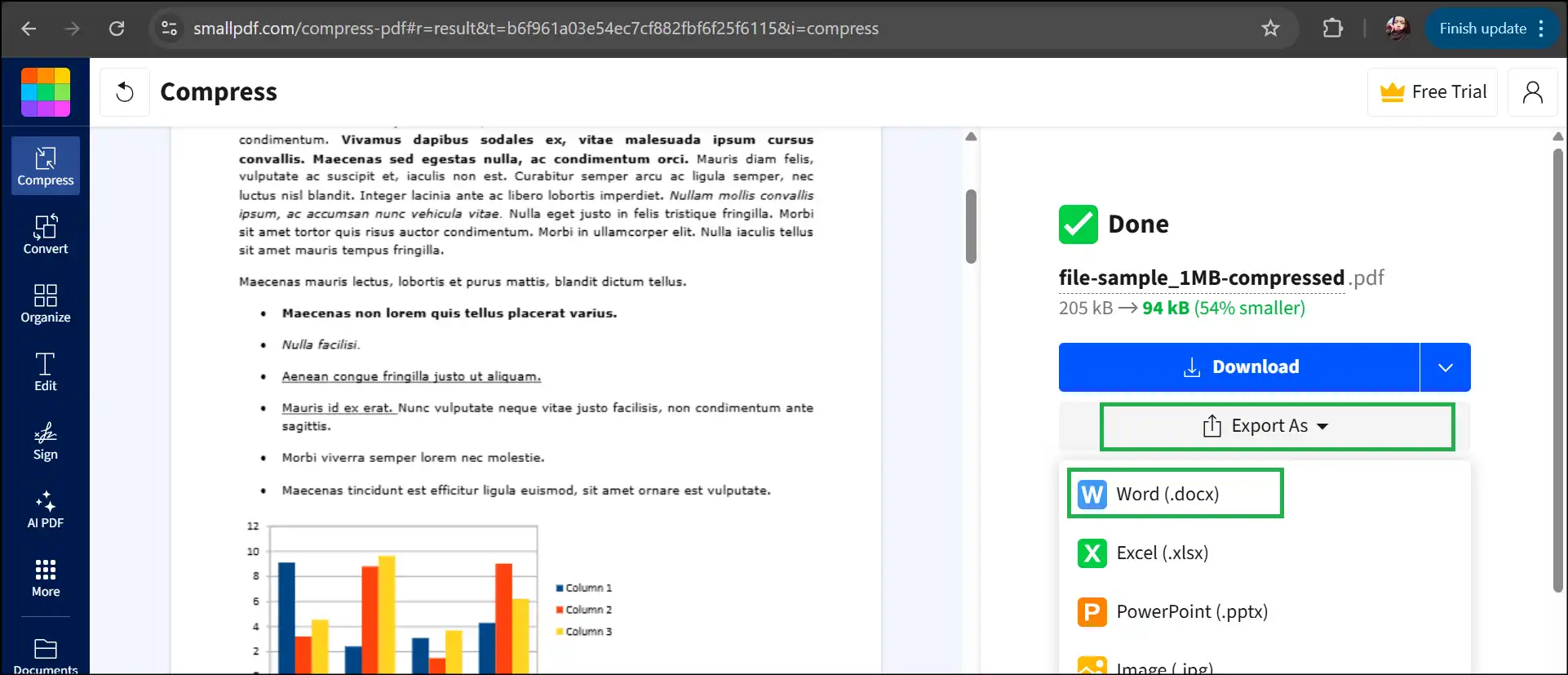 Export as Word file to keep the file format after compression