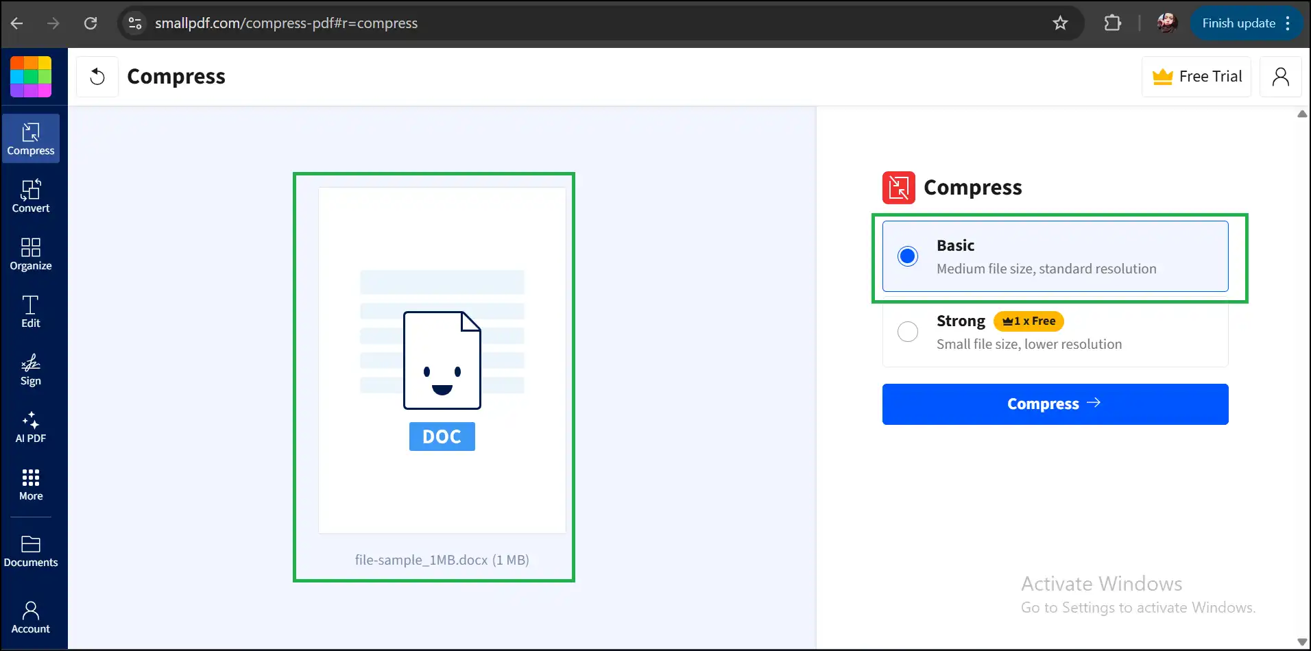 Select Basic to compress word file online for free