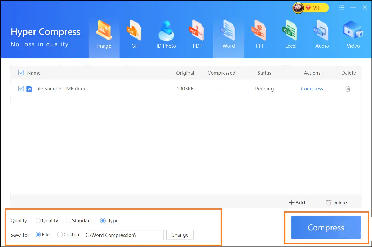 Select compression level and tap on Compress