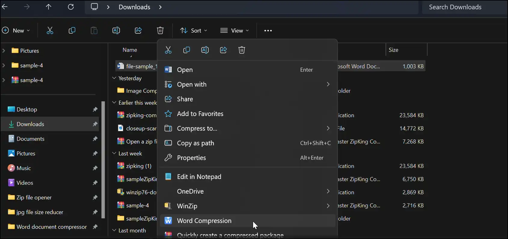 Right-click on Word file and select Word Compression