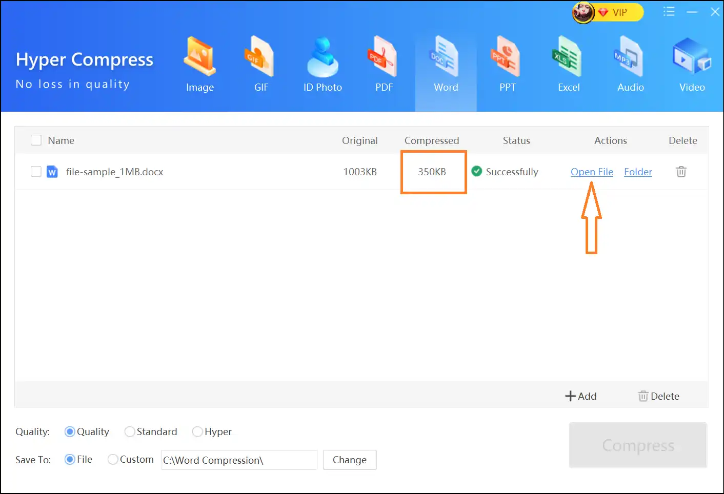 Compare original and compressed version of Word file