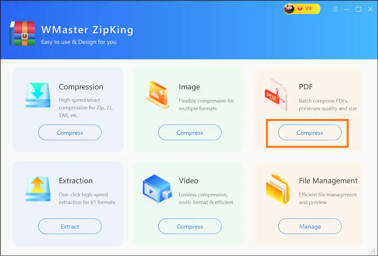 Launch ZipKing and press PDF Compress to compress Word file