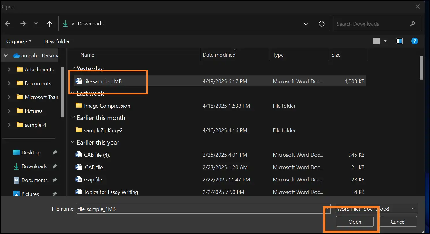 Select file and click Open to compress Word file with ZipKing
