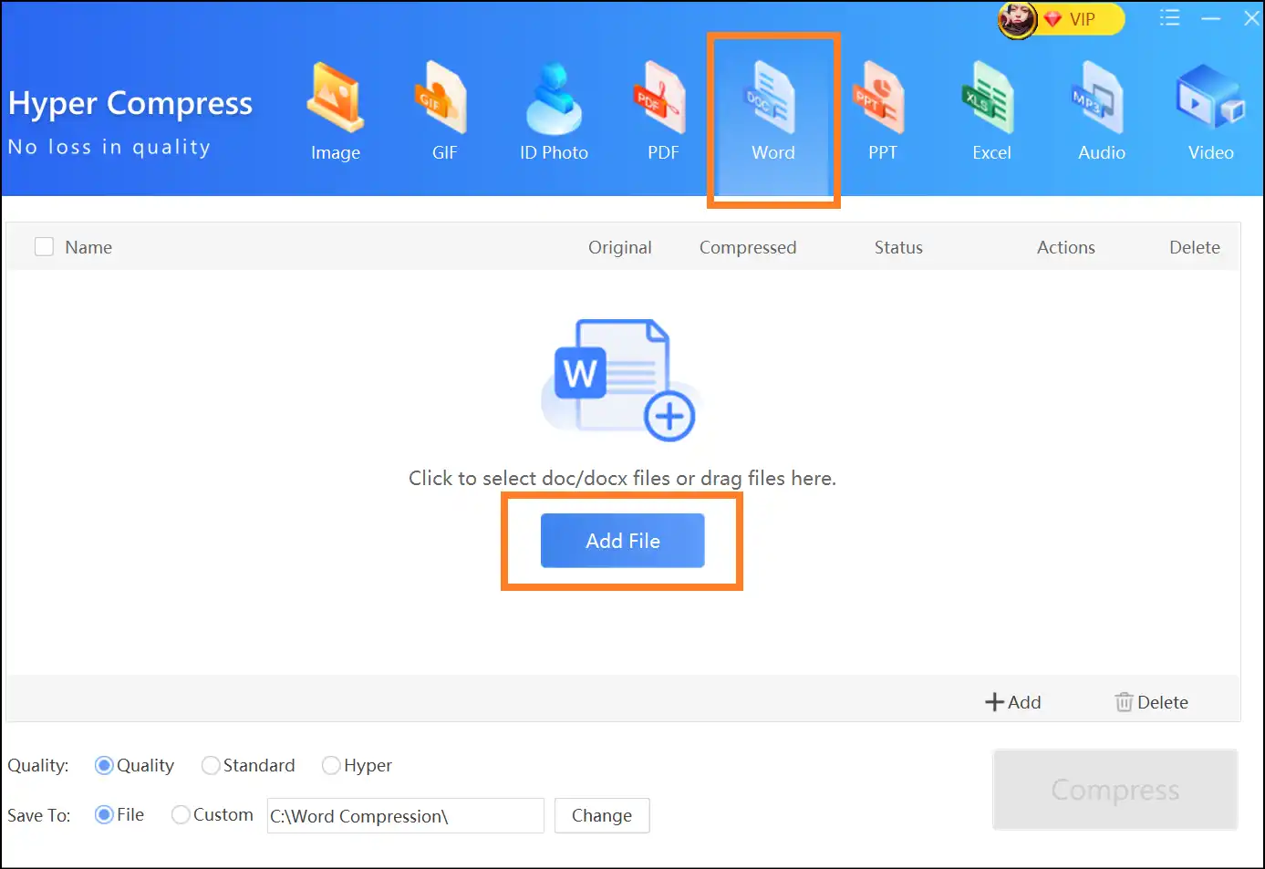 Add or drag Word file to compress it through ZipKing