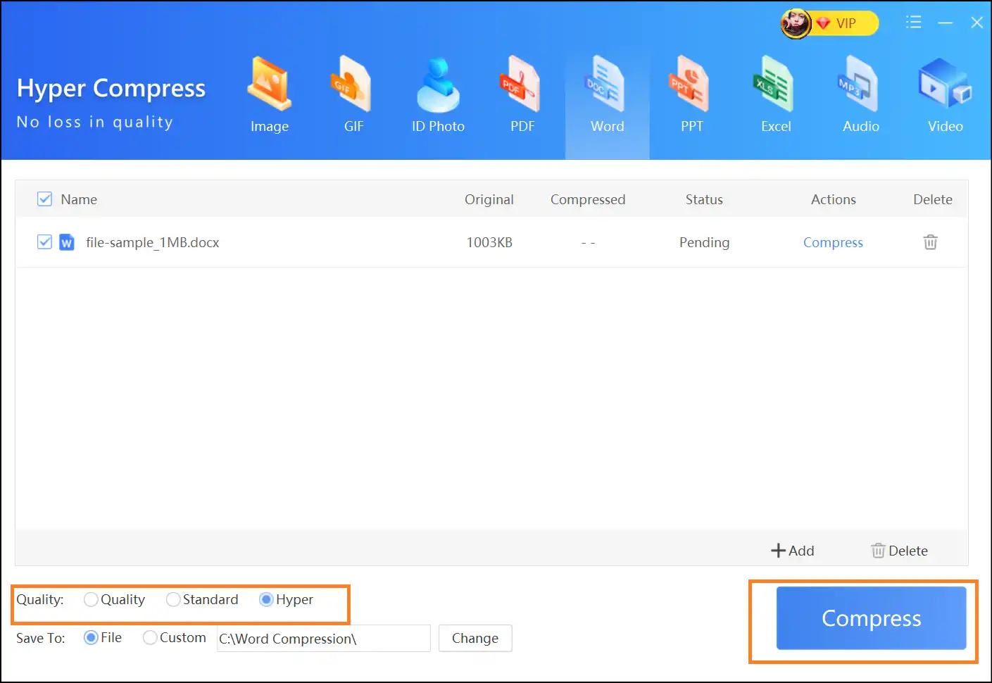 Select compression level and press Compress to start the process