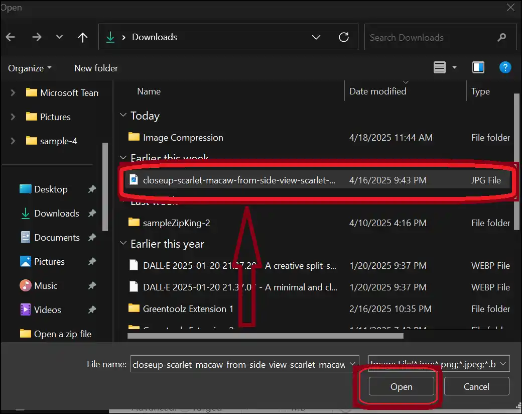 Select image file and tap on Open to upload the file on ZipKing app