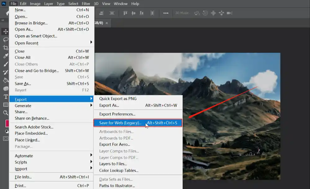 Select Export and Save for Web (Legacy) to decrease image file size through Photoshop