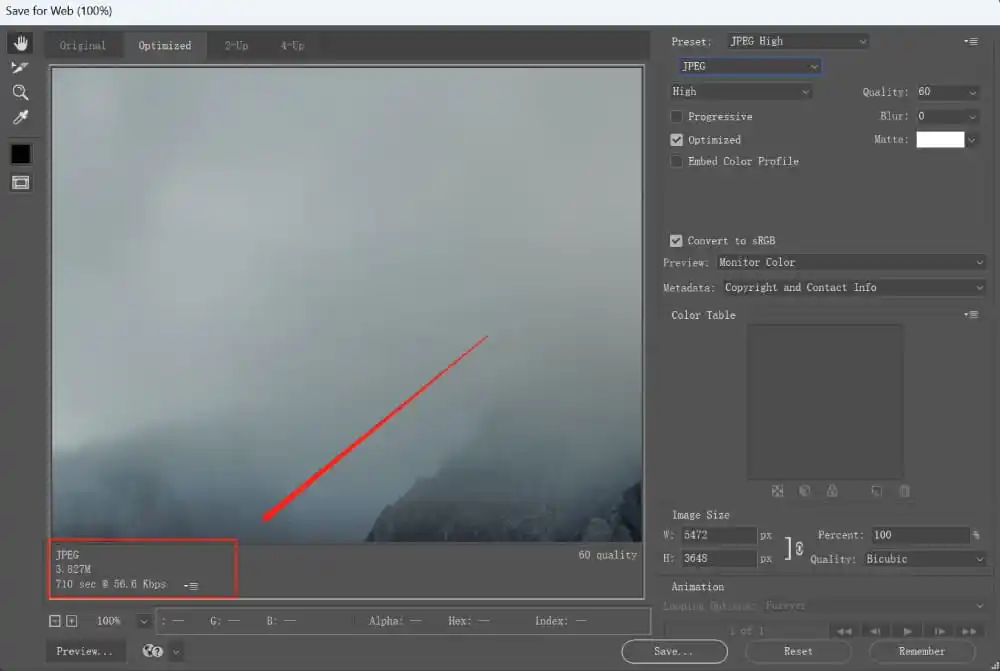 Find the size of image file at lower left corner after Export