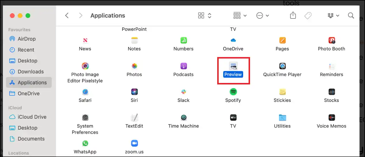 Select Preview App to compress image file on Mac from applications