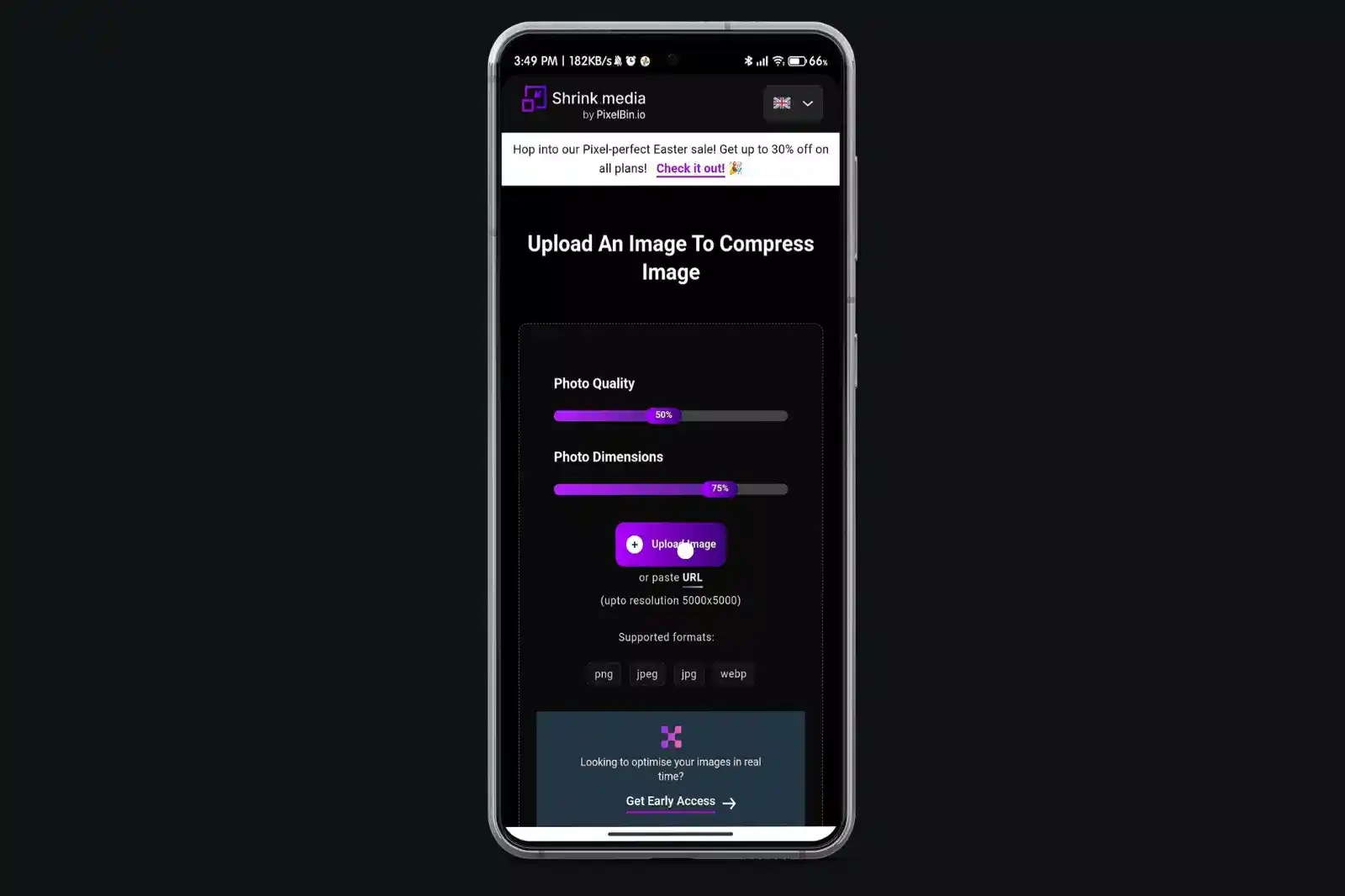 Adjust compression level and upload image to compress image on Android