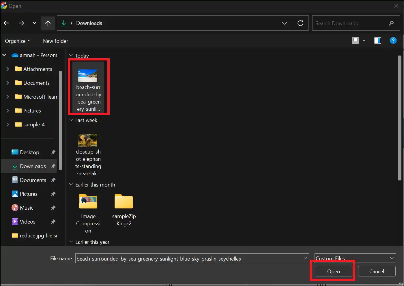 Select and upload image file to compress online