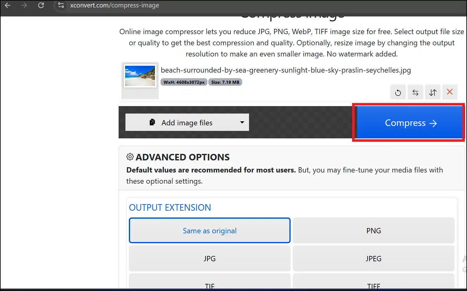 Press Compress to decrease the image file size online