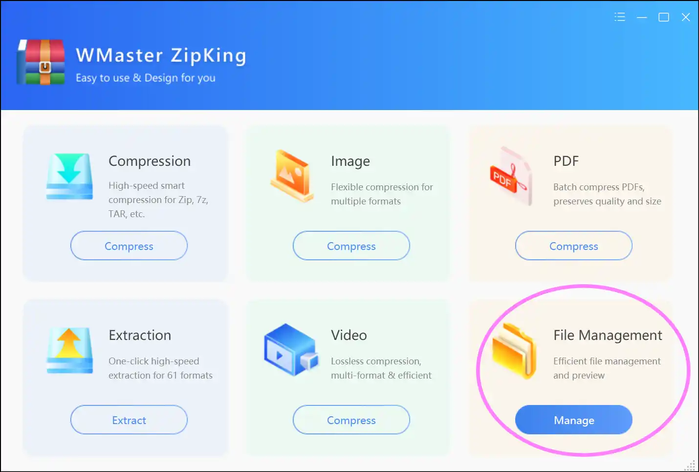 Launch the app to manage zip file using WMaster Zipking