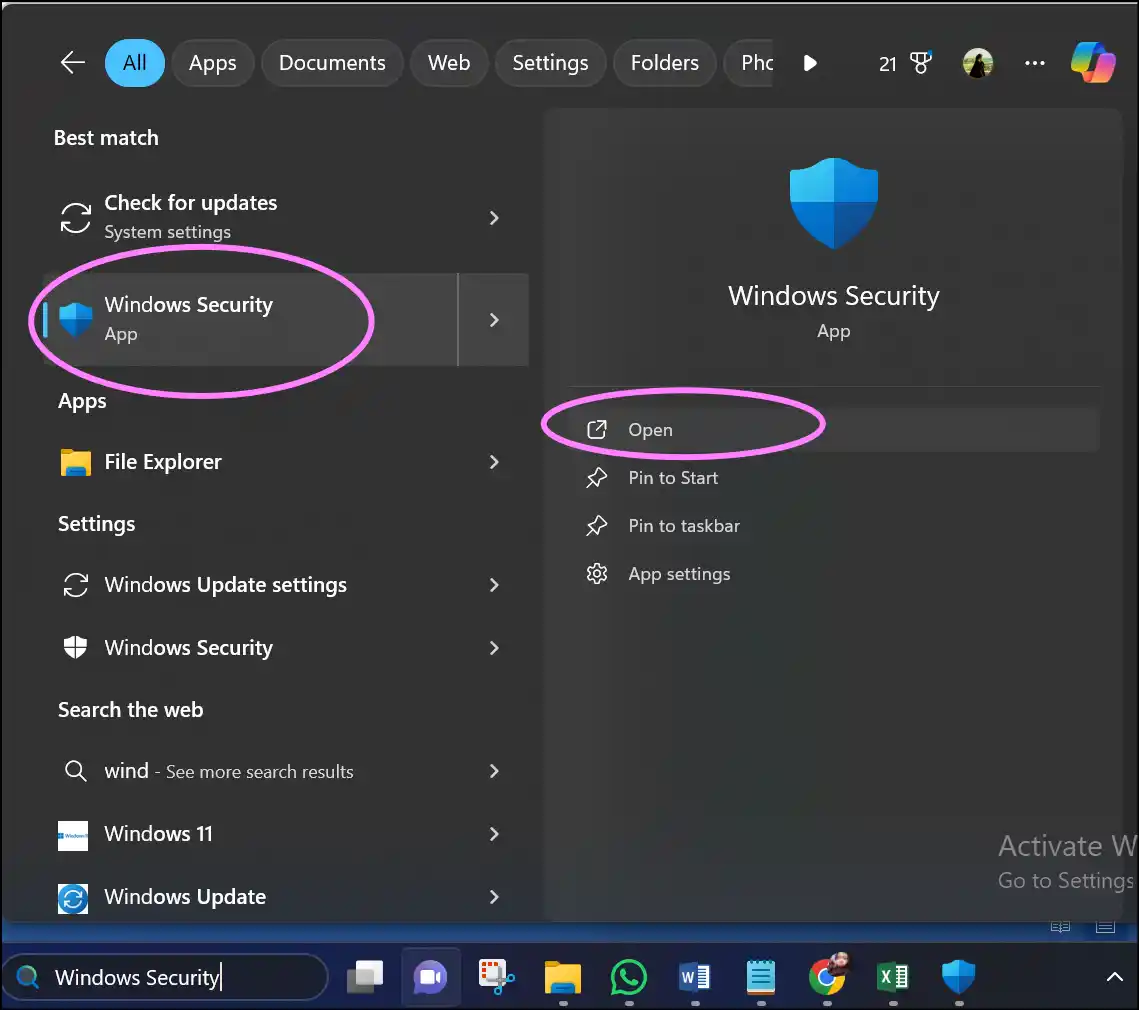 Search and double tap to open Windows Security to fix zip files