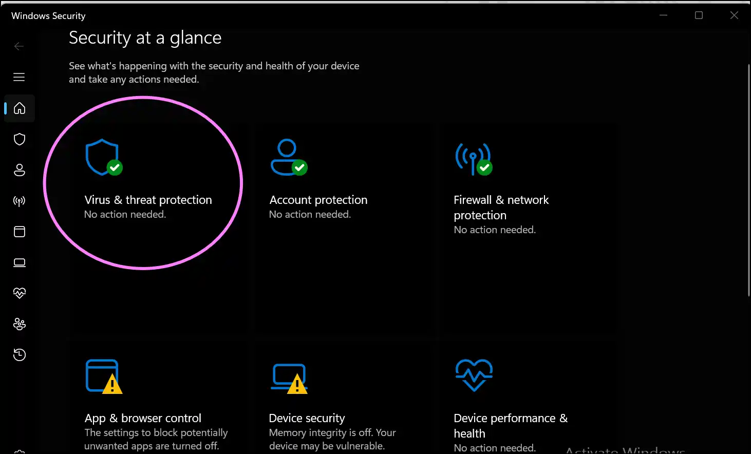 Select Virus & threat Protection to fix zip file by Windows Security Scan