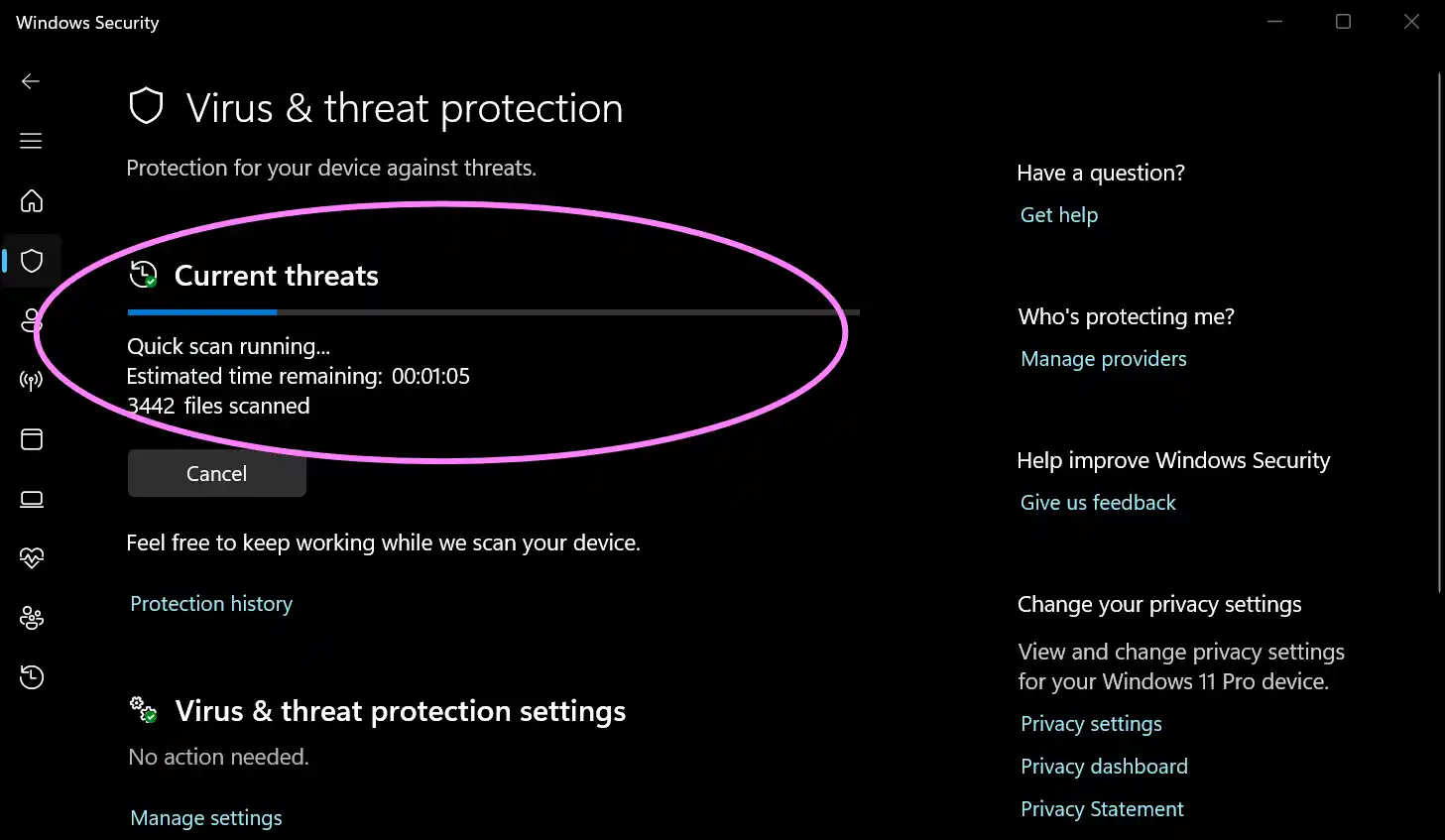 Quick Scan is running on Windows to fix zip file with Windows Security Scan