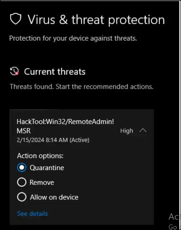 Quarantine or remove threats to fix zip files on Windows using Windows Security Scan