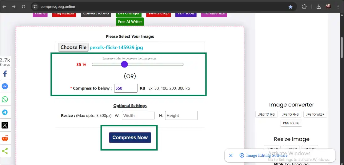 Upload JPEG and adjust compression level to make JPEG smaller online