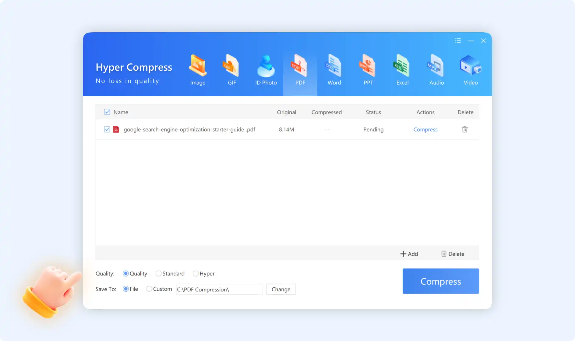 enter into hyper compress for PDF interface
