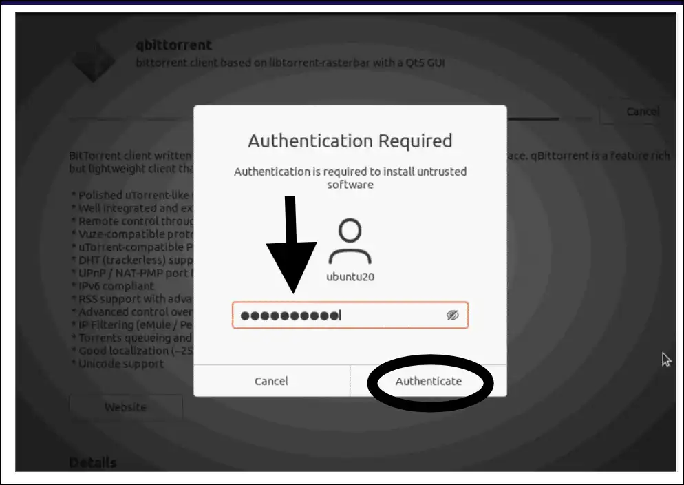 Enter password to authenticate the installation process to install DEB files