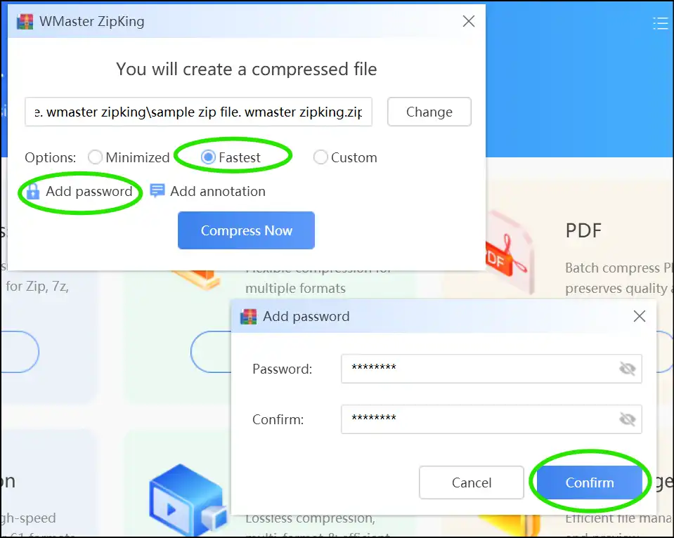 Choose Fastest compression and Add password to make zip lock file on Windows