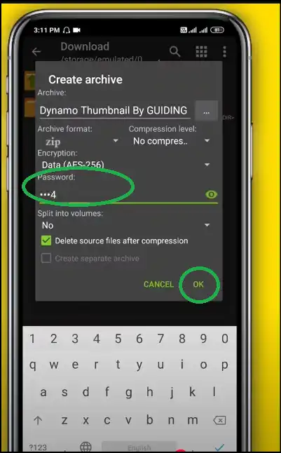 Select archive format and password to lock zip file on Android