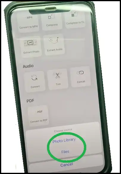 Select Photo Library or Files to lock zip file on iPhone
